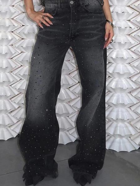 Low Waist Wide Leg Women'S Jeans 2024 American Black Rhinestone Baggy Denim Long Pants Female Oversized BF Style Trousers