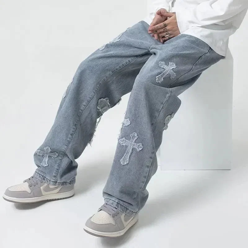 2023 Men's and Women's Cross Denim Pants - Low Rise Baggy Jeans and Cargo Pants in Hip Hop Streetwear Style