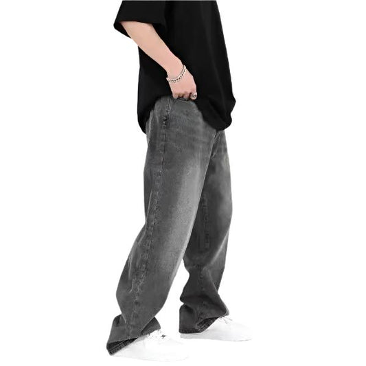 Men's Streetwear Black and Gray Baggy Wide Leg Washed Jeans - Korean Fashion Straight Elastic Loose Denim Cargo Pants