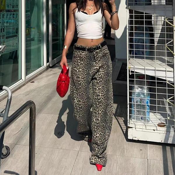 American Retro Leopard Casual Jean Pants Women Y2K Fashion Hotsweet Baggy Cowboy Pant Korean Trendy Style Streetwear High Waist