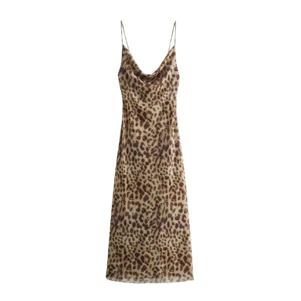 2024 Summer Vintage Slim Casual Beach Party Long Dress Sexy Elegant Fashion Leopard Print Sleeveless Backless Suspender Dress