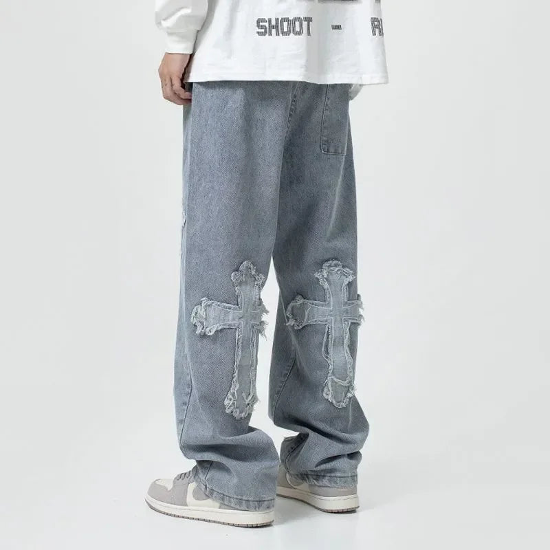 2023 Men's and Women's Cross Denim Pants - Low Rise Baggy Jeans and Cargo Pants in Hip Hop Streetwear Style