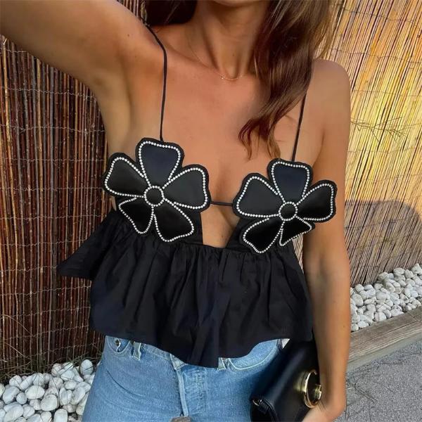 2024 Rhinestone Black White Crop Top Women Flower Ruffle Sleeveless Backless Top Woman Fashion Summer Sexy Short Tops