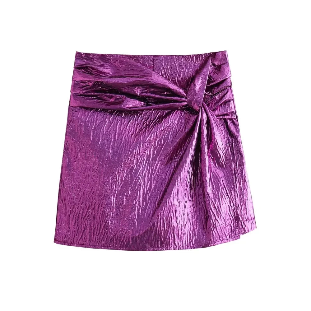 -Metallic Short Skirts with Knot for Women, High Waist, Side Zipper, Female Skort, Fashion