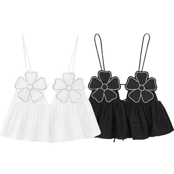 2024 Rhinestone Black White Crop Top Women Flower Ruffle Sleeveless Backless Top Woman Fashion Summer Sexy Short Tops