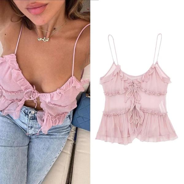 Cami Top Women Summer Black Pink Camisole 2023 Woman Sleeveless off Shoulder Ruffle See through Crop Top Sexys Tanks Camis