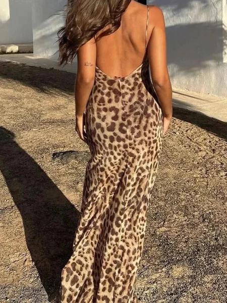 2024 Summer Vintage Slim Casual Beach Party Long Dress Sexy Elegant Fashion Leopard Print Sleeveless Backless Suspender Dress