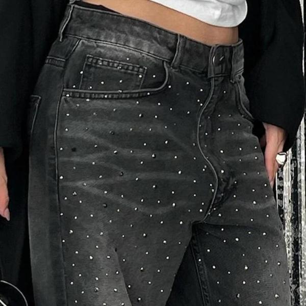 Low Waist Wide Leg Women'S Jeans 2024 American Black Rhinestone Baggy Denim Long Pants Female Oversized BF Style Trousers