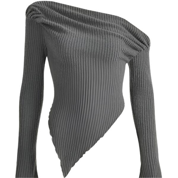 Women Solid Autumn Winter Grunge Asymmetrical Neck Rib-Knit Tee Strapless Blouse Long Sleeve Casual Sweater Handkerchief Hem