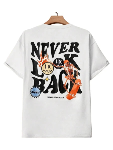 Never Look Back Creative Smile Skull Printing Cartoons Street Print Tshirt Man Loose Tee Clothes Cotton Crewneck Tops T-Shirt