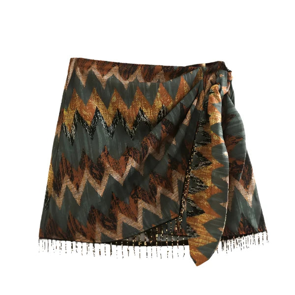 New Vintage Geometric Print Mini Skirt Knotted Sarong Beaded Fringe Wrap Vestidos Casual Zip Short Skort Mujer