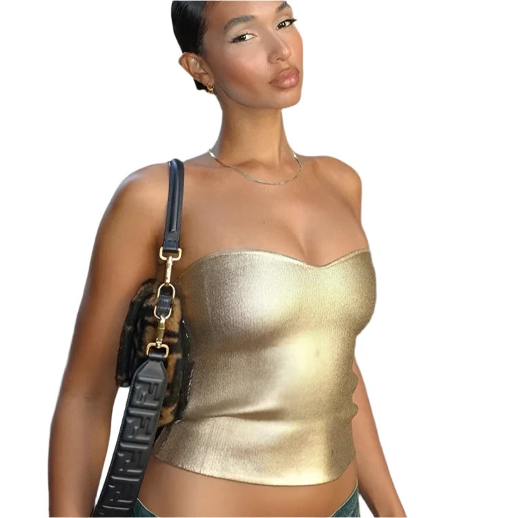 Y2K Streetwear Metallic Tube Top Gold Silver Black Vintage Sexy Crop Tops Women Clubbing Outfits C85-BZ10