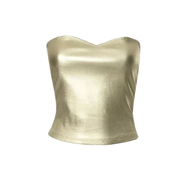 Y2K Streetwear Metallic Tube Top Gold Silver Black Vintage Sexy Crop Tops Women Clubbing Outfits C85-BZ10