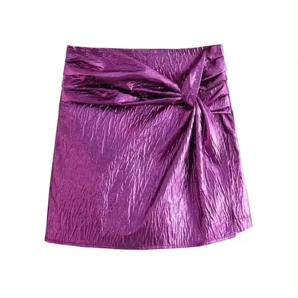 -Metallic Short Skirts with Knot for Women, High Waist, Side Zipper, Female Skort, Fashion