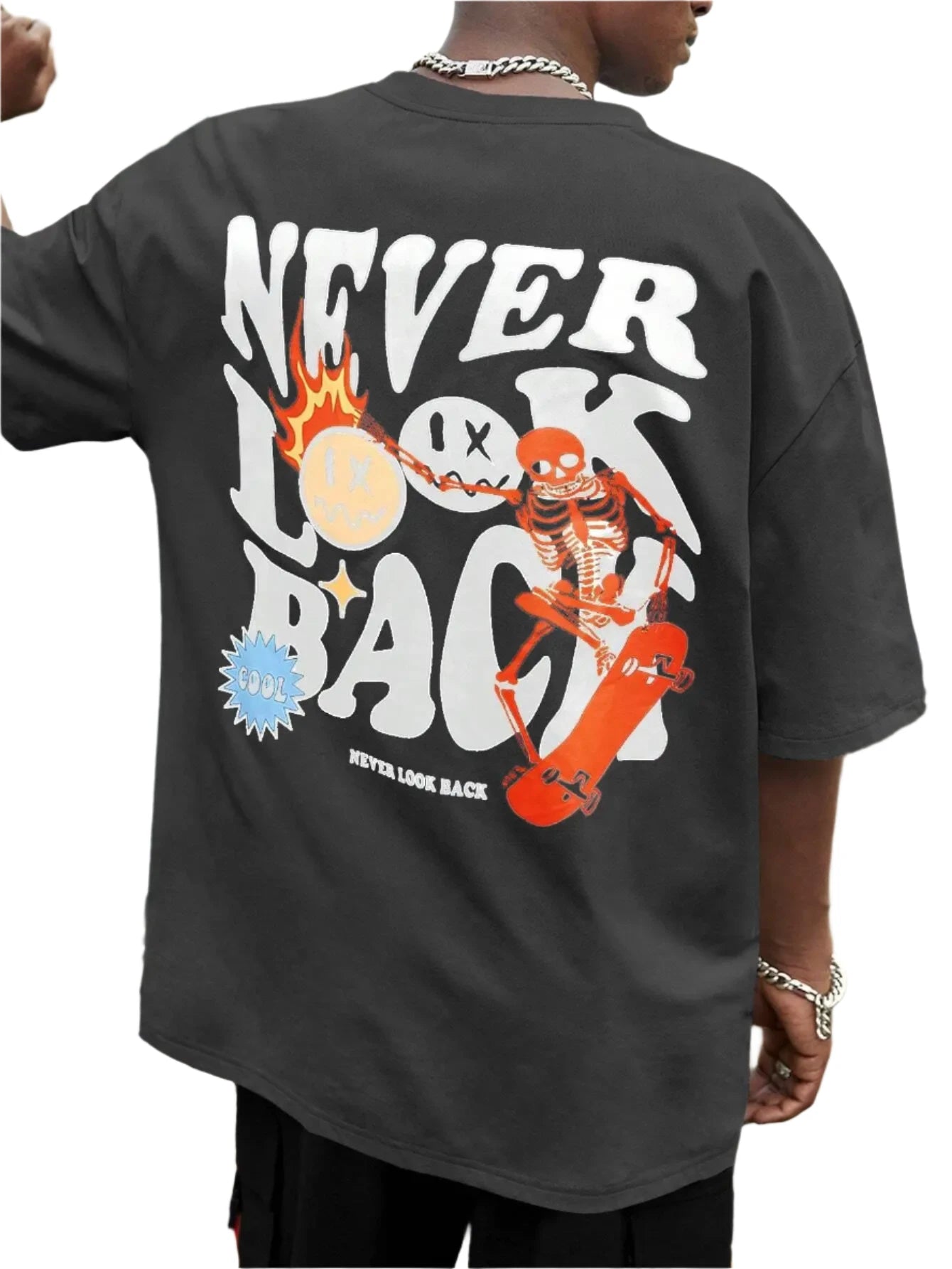 Never Look Back Creative Smile Skull Printing Cartoons Street Print Tshirt Man Loose Tee Clothes Cotton Crewneck Tops T-Shirt