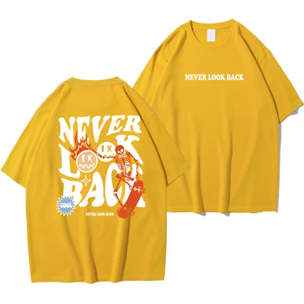 Never Look Back Creative Smile Skull Printing Cartoons Street Print Tshirt Man Loose Tee Clothes Cotton Crewneck Tops T-Shirt