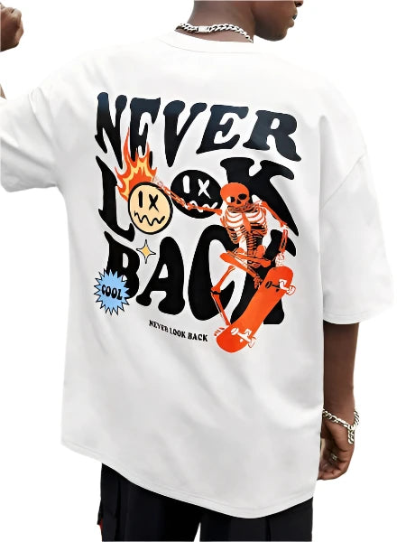 Never Look Back Creative Smile Skull Printing Cartoons Street Print Tshirt Man Loose Tee Clothes Cotton Crewneck Tops T-Shirt