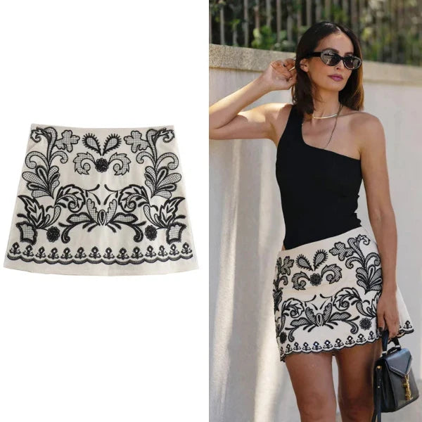 Women'S Skirt Summer 2024 Mini Embroidered Skirts Linen Blended High Waist Aesthetic Skirts New in Skirt Elegant Lady Skirt