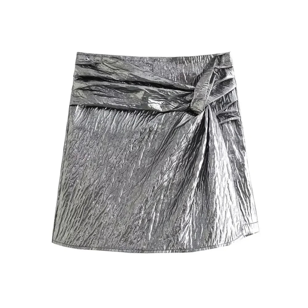 -Metallic Short Skirts with Knot for Women, High Waist, Side Zipper, Female Skort, Fashion