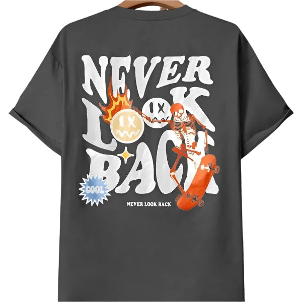 Never Look Back Creative Smile Skull Printing Cartoons Street Print Tshirt Man Loose Tee Clothes Cotton Crewneck Tops T-Shirt