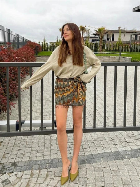 New Vintage Geometric Print Mini Skirt Knotted Sarong Beaded Fringe Wrap Vestidos Casual Zip Short Skort Mujer