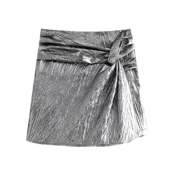 -Metallic Short Skirts with Knot for Women, High Waist, Side Zipper, Female Skort, Fashion