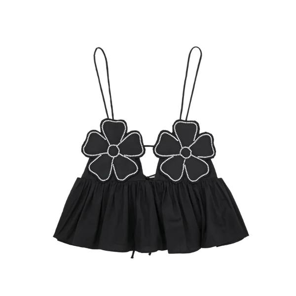 2024 Rhinestone Black White Crop Top Women Flower Ruffle Sleeveless Backless Top Woman Fashion Summer Sexy Short Tops