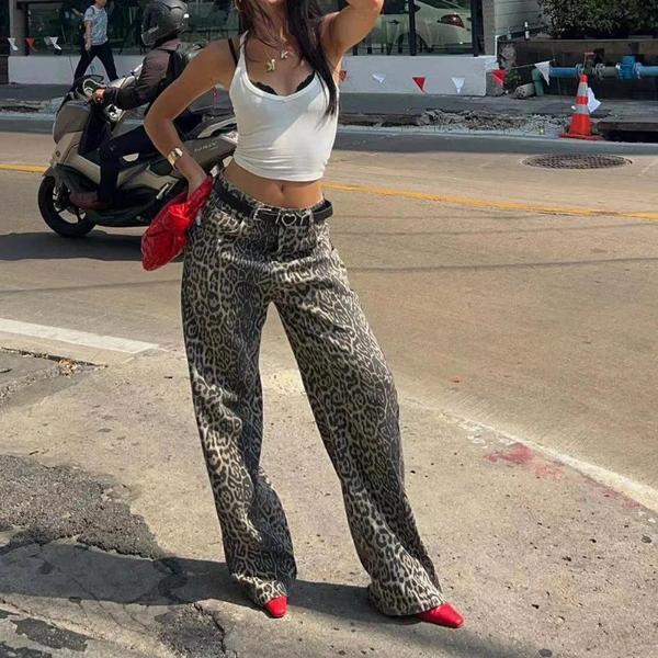 American Retro Leopard Casual Jean Pants Women Y2K Fashion Hotsweet Baggy Cowboy Pant Korean Trendy Style Streetwear High Waist