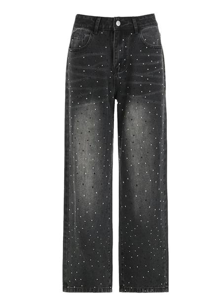 Low Waist Wide Leg Women'S Jeans 2024 American Black Rhinestone Baggy Denim Long Pants Female Oversized BF Style Trousers