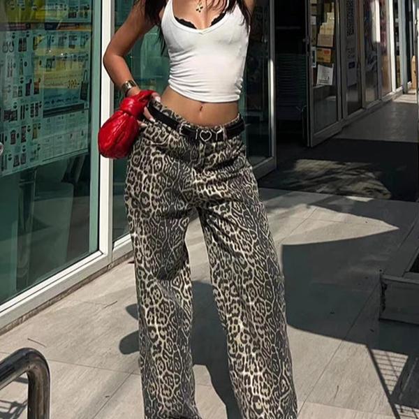 American Retro Leopard Casual Jean Pants Women Y2K Fashion Hotsweet Baggy Cowboy Pant Korean Trendy Style Streetwear High Waist