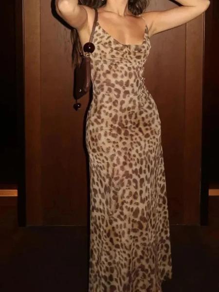 2024 Summer Vintage Slim Casual Beach Party Long Dress Sexy Elegant Fashion Leopard Print Sleeveless Backless Suspender Dress