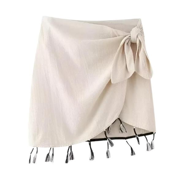 -Women'S Tassel with Beading Sarong Skirt, Side Bow Tied, High Waist, Female Skirts, Fashion