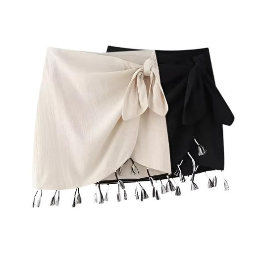 -Women'S Tassel with Beading Sarong Skirt, Side Bow Tied, High Waist, Female Skirts, Fashion