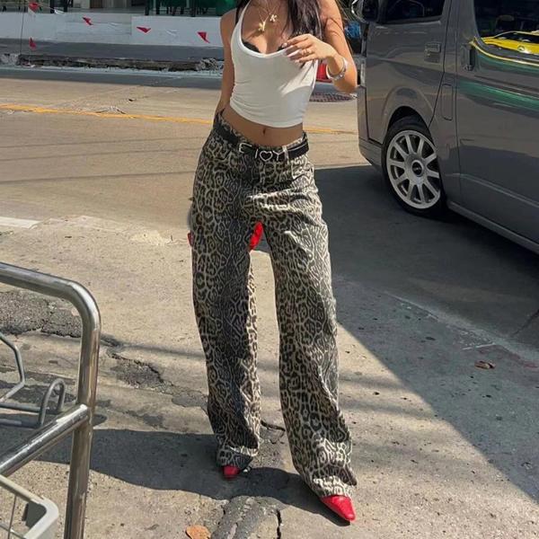 American Retro Leopard Casual Jean Pants Women Y2K Fashion Hotsweet Baggy Cowboy Pant Korean Trendy Style Streetwear High Waist