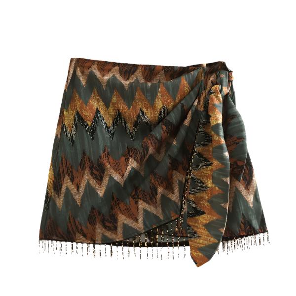 New Vintage Geometric Print Mini Skirt Knotted Sarong Beaded Fringe Wrap Vestidos Casual Zip Short Skort Mujer