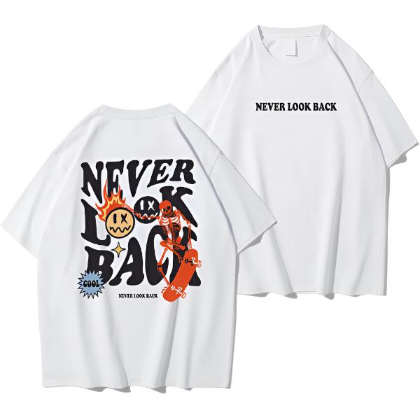 Never Look Back Creative Smile Skull Printing Cartoons Street Print Tshirt Man Loose Tee Clothes Cotton Crewneck Tops T-Shirt